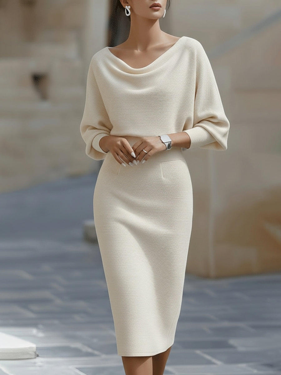 Women's sophisticated batwing midi dress, featuring a graceful cowl neck, perfect as an elegant wedding guest dress.