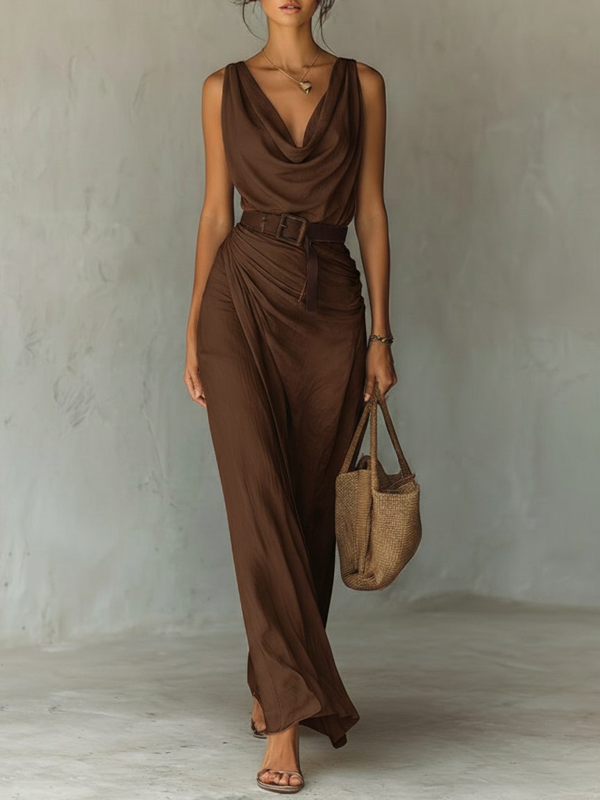 Elegant women's cowl neck belted maxi dress for summer or evening. Flowing sleeveless design, perfect for holiday wear.