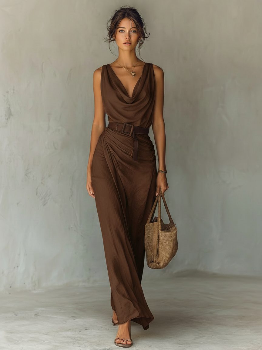 Flattering sleeveless cowl neck maxi dress for women, with an elegant belted waist defining the silhouette. Summer fashion.