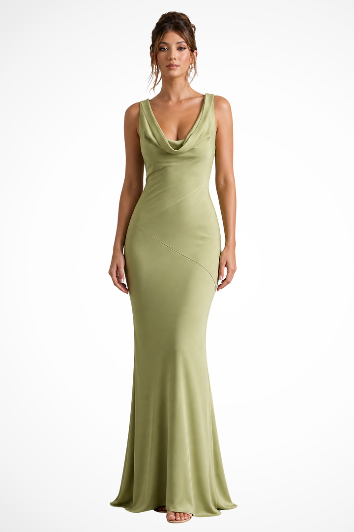 Long fitted women's cowl neck dress. A stunning formal evening gown for weddings & special events.
