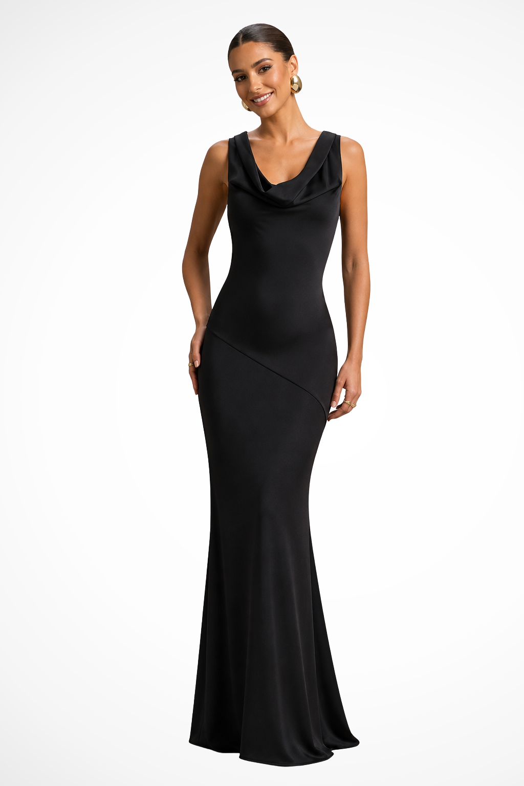 Beautiful women's elegant maxi dress, a cowl neck design for wedding guests & formal evening wear.