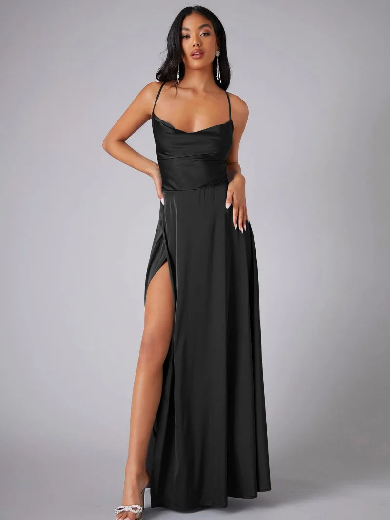 Chic women's spaghetti strap maxi dress featuring a cowl neck & elegant side slit, perfect as a bridesmaid dress.