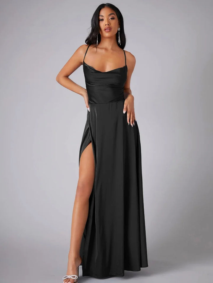 Chic women's spaghetti strap maxi dress featuring a cowl neck & elegant side slit, perfect as a bridesmaid dress.