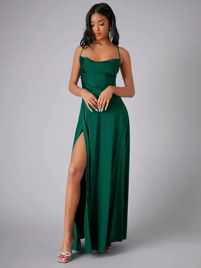 Formal women's evening gown: a beautiful maxi dress with cowl neck, spaghetti straps & a stylish side slit.