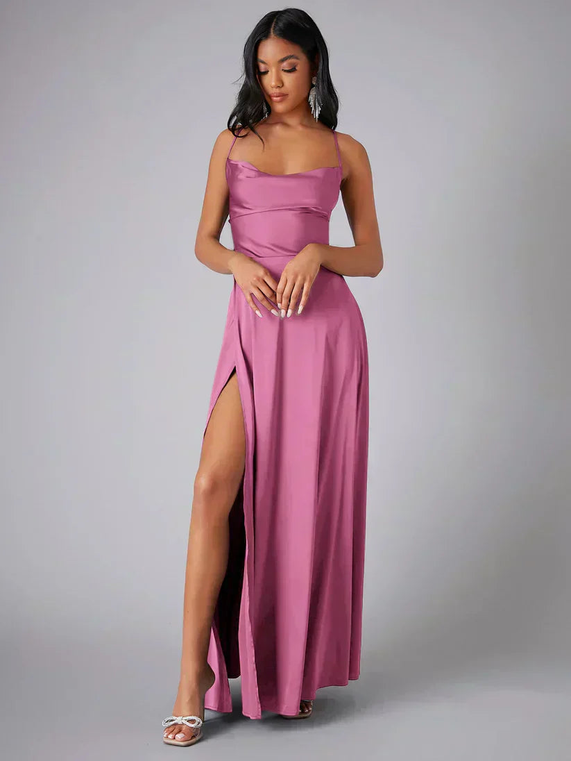 Sophisticated women's cocktail or wedding guest dress: a cowl neck maxi with delicate spaghetti straps & a side slit.