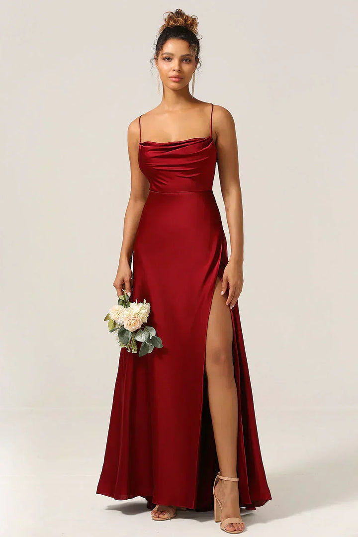 Flattering women's formal maxi dress with elegant cowl neck, spaghetti straps & stylish side slit for evening wear.