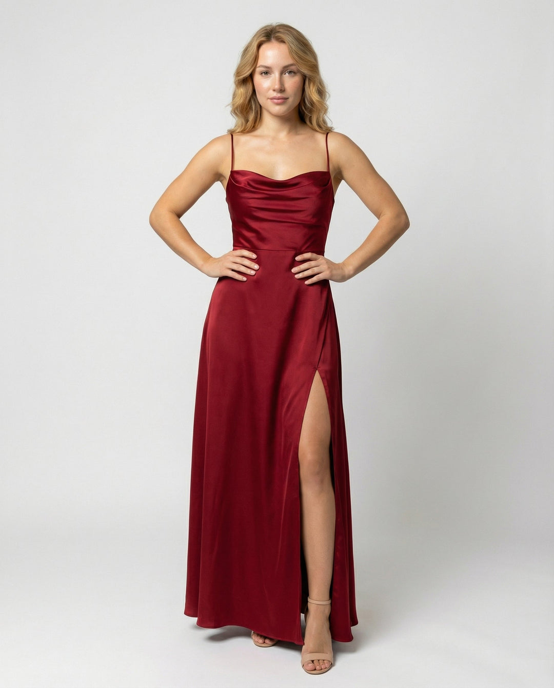 Elegant women's cowl neck maxi dress with lace-up back and side slit, perfect for formal occasions.