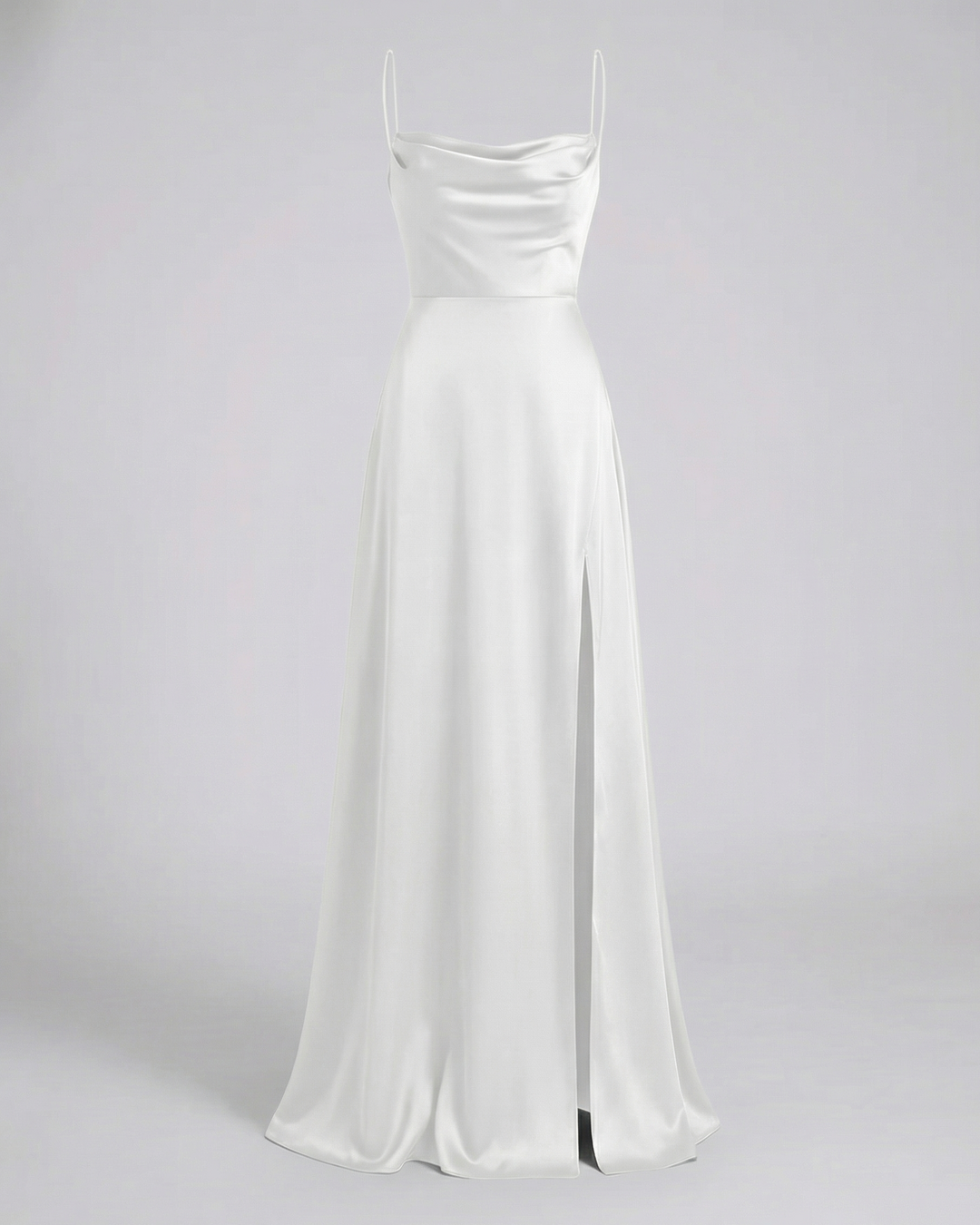 Elegant women's formal cowl neck maxi dress, ideal for special occasions, featuring a lace-up back & side slit.