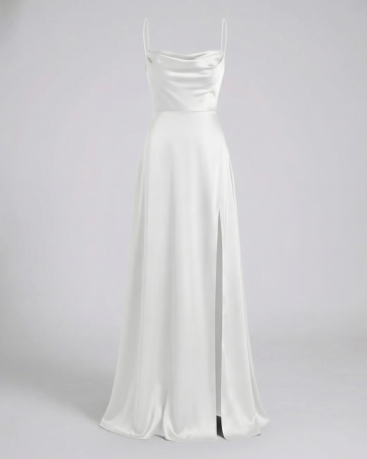 Elegant women's formal cowl neck maxi dress, ideal for special occasions, featuring a lace-up back & side slit.