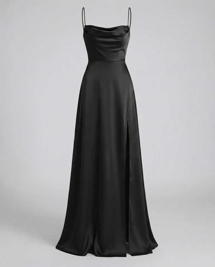 Chic women's party maxi dress, a flowing cowl neck design with adjustable lace-up back and stylish side slit.