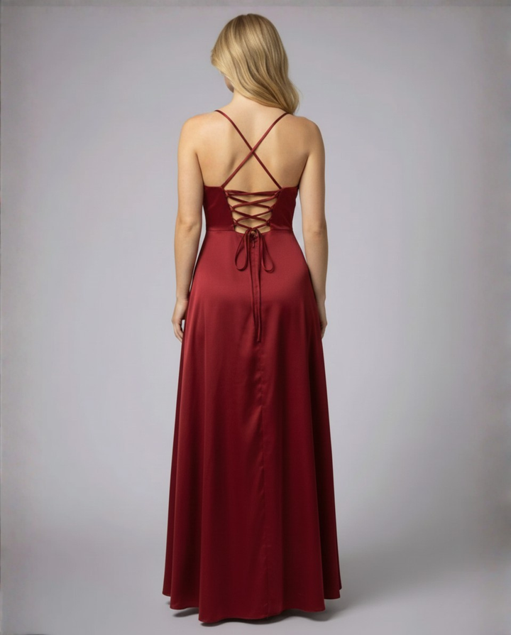 Elegant women's maxi dress, a long cowl neck evening gown with stylish lace-up back and side slit.