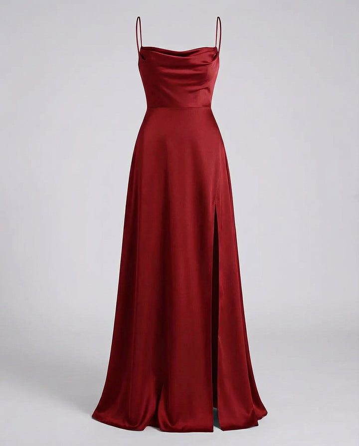 Formal women's long dress: elegant cowl neck maxi gown with sophisticated lace-up back and side slit.