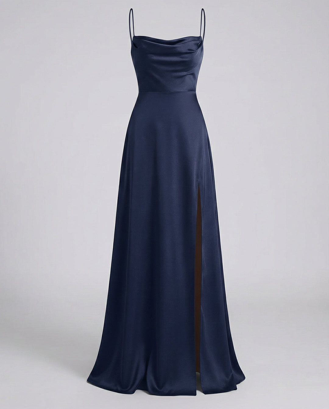 Luxurious women's evening gown; a cowl neck maxi dress with an alluring lace-up back and high side slit.