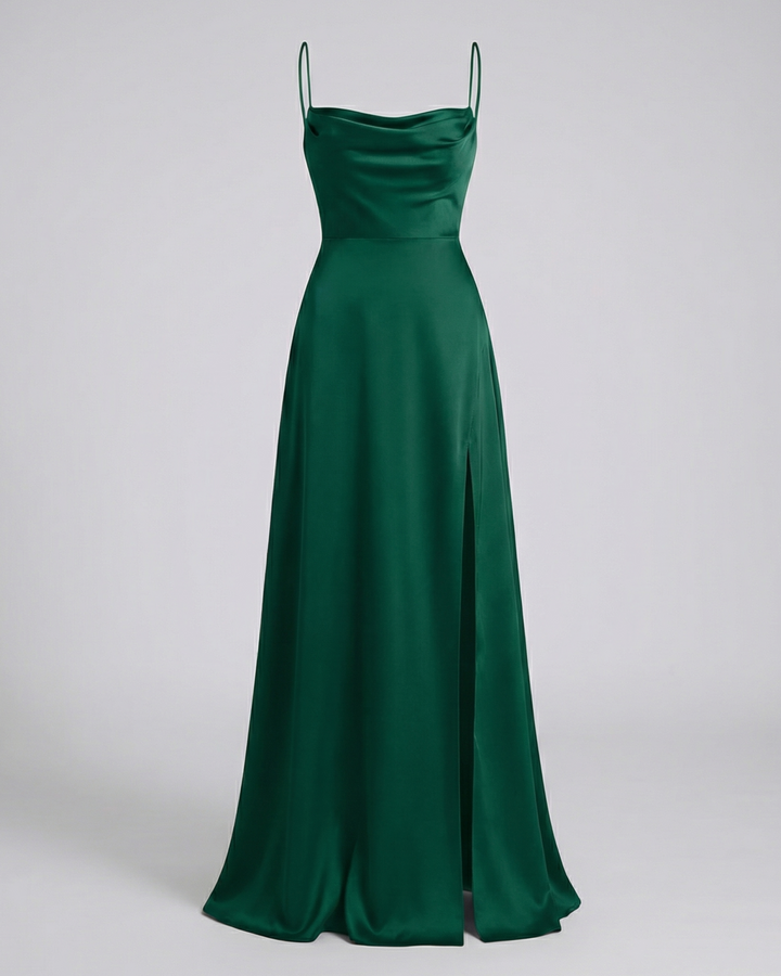 Women's elegant cowl neck maxi dress, perfect for special occasions, with lace-up back and side slit.