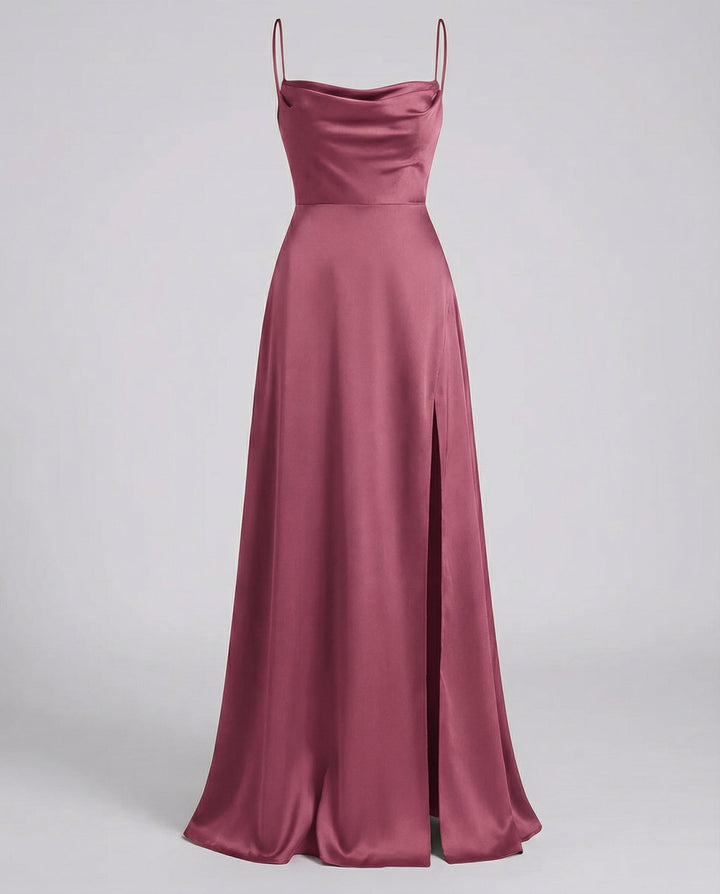 Sophisticated women's elegant long dress, a cowl neck maxi with stylish lace-up back and side slit.