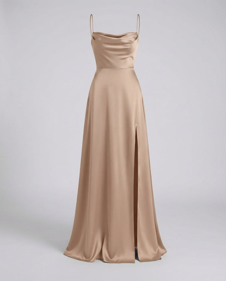 Beautiful women's long maxi dress, elegant cowl neck style with a captivating lace-up back and side slit.