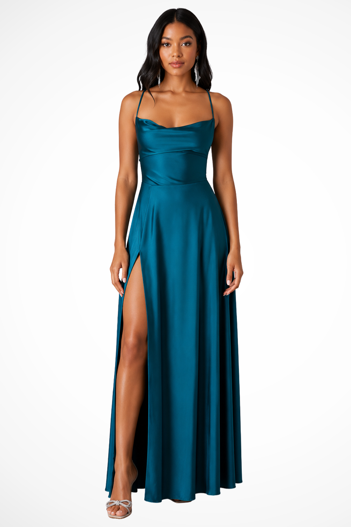 Chic cowl neck detail on a flowing maxi dress for women, ideal as a wedding guest or party dress.