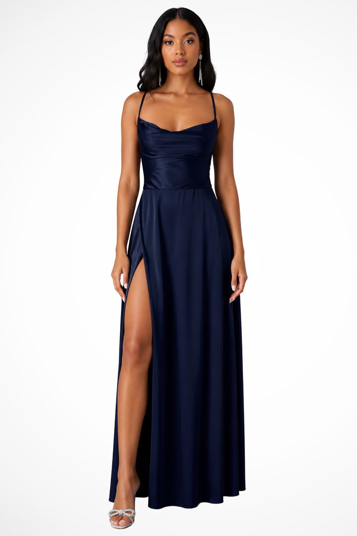 Stunning long formal dress featuring a tasteful side slit and cowl neck, an elegant evening gown.