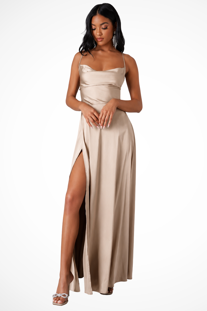 Women's vibrant fuchsia cowl neck side slit maxi dress, a stunning formal evening gown for weddings.