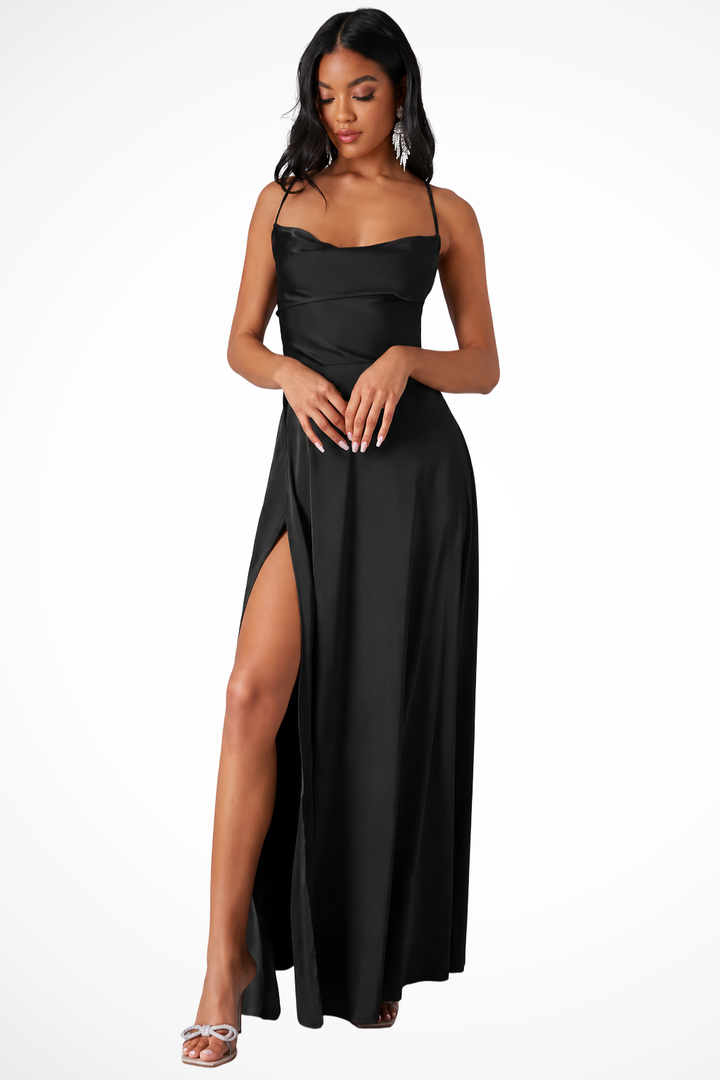 Close-up of the elegant fabric & flattering cut of a women's cowl neck maxi dress, ideal for formal events.
