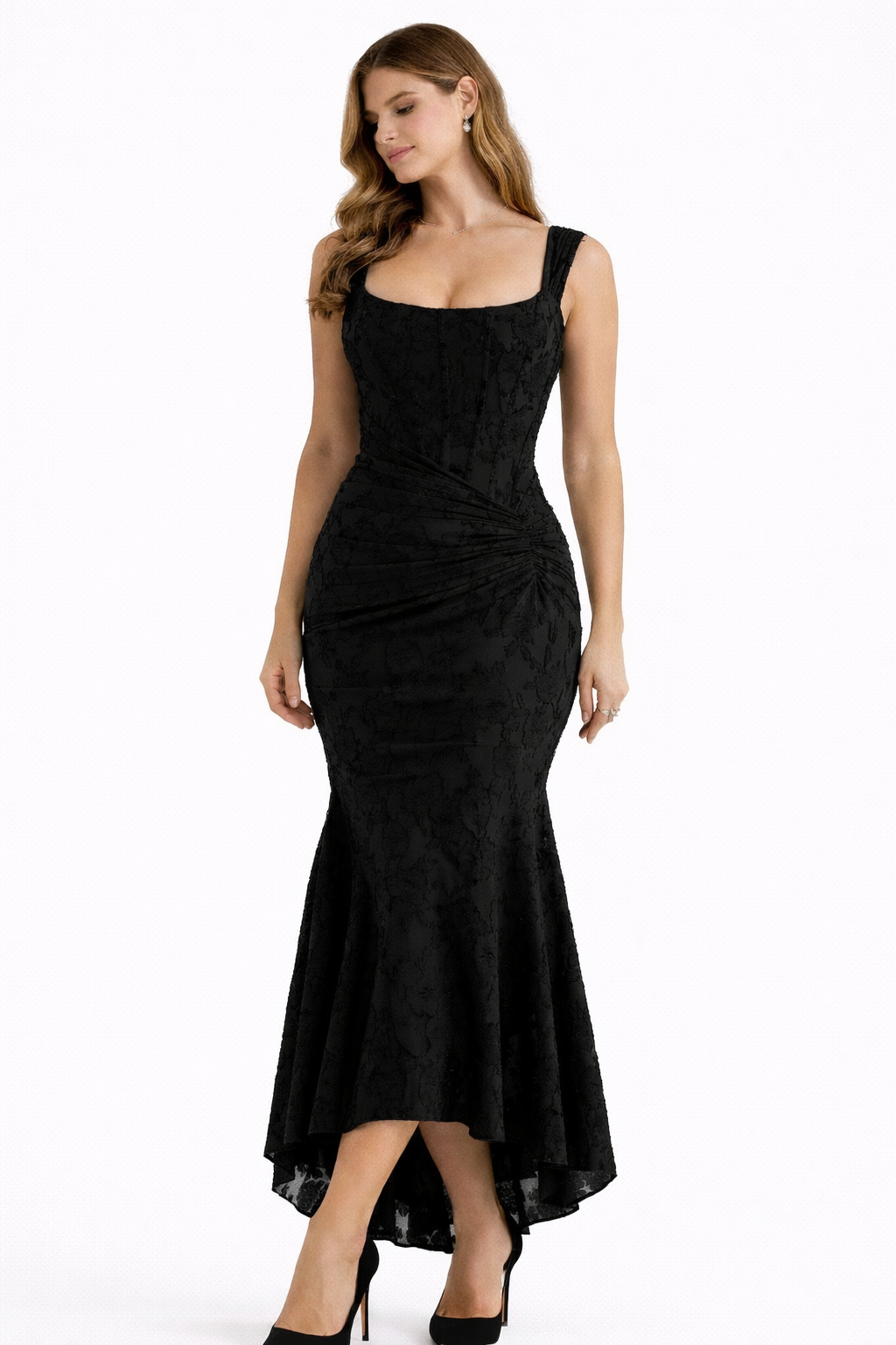 Flattering women's formal cowl neck midi dress, a timeless and elegant slip-style garment.
