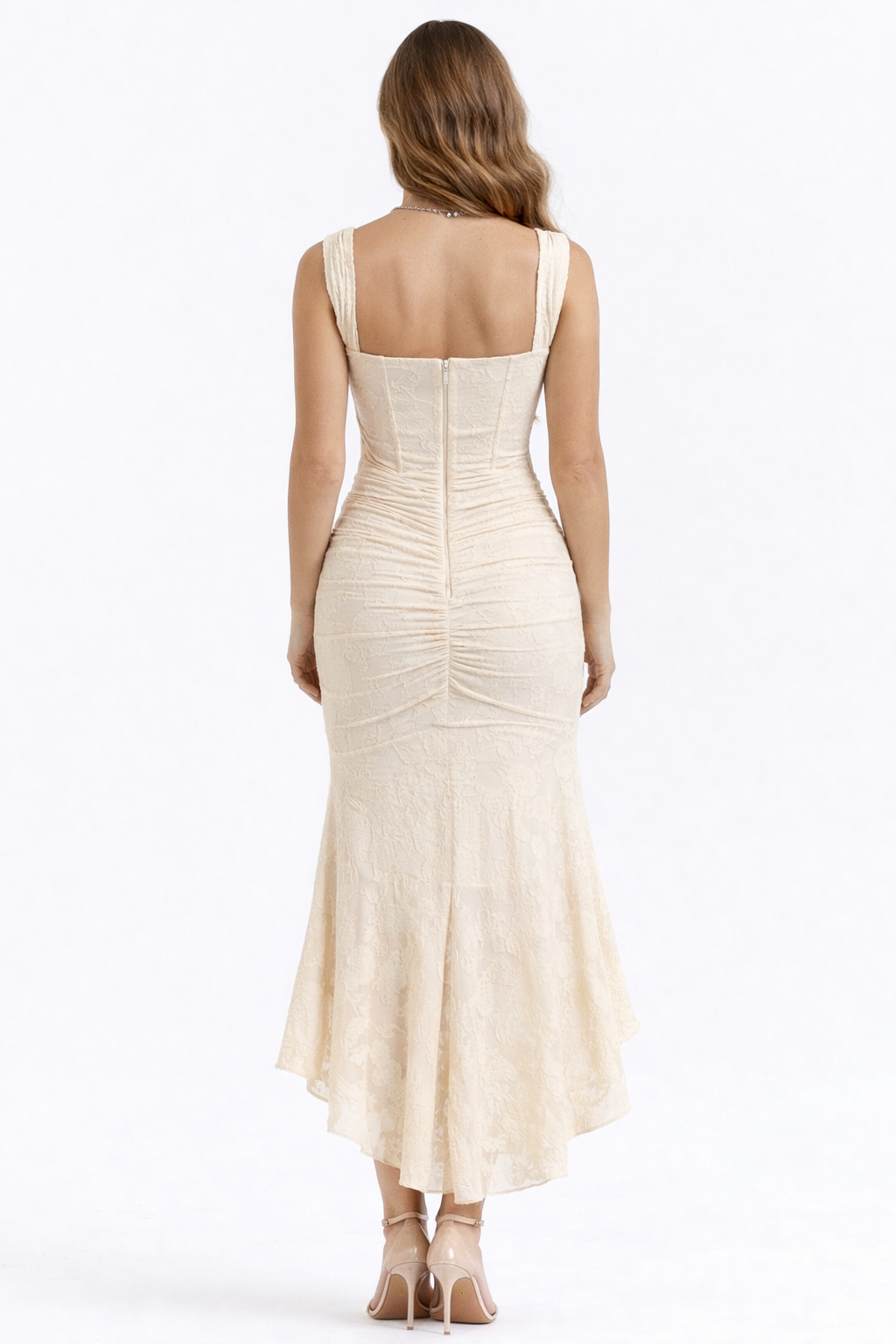 Women's flowing slip style midi dress featuring an elegant cowl neck, suitable for spring/summer.