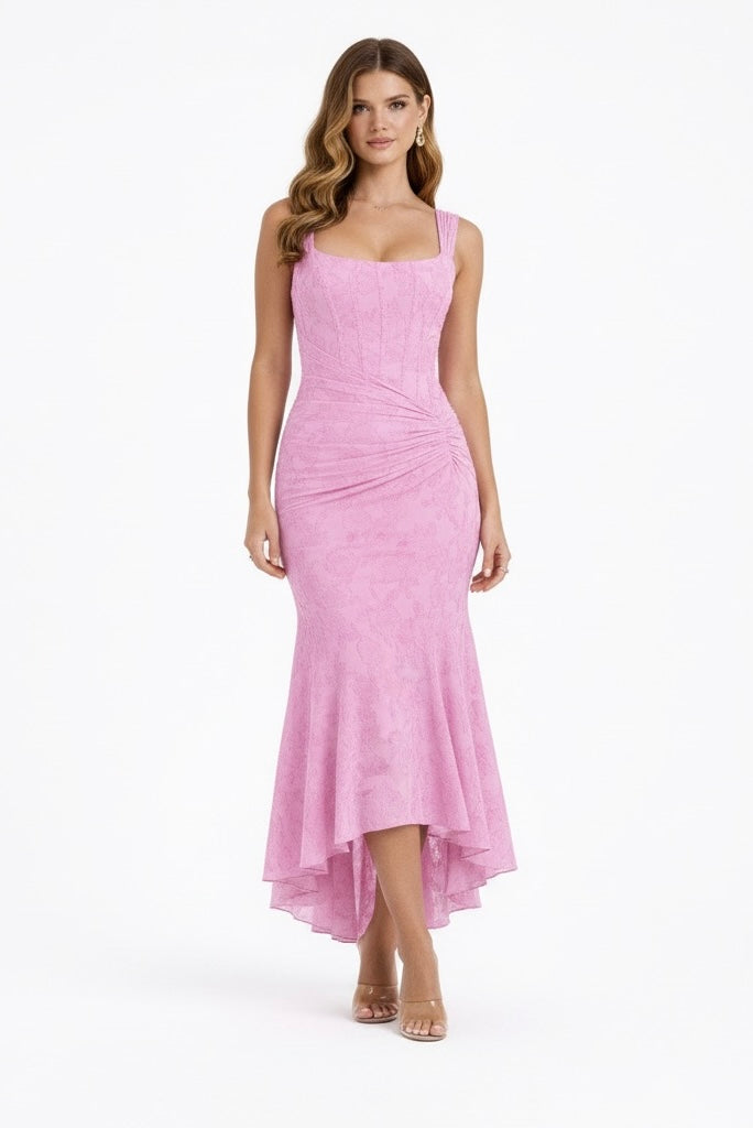 Sophisticated women's occasion midi dress with a graceful cowl neck and smooth slip silhouette.