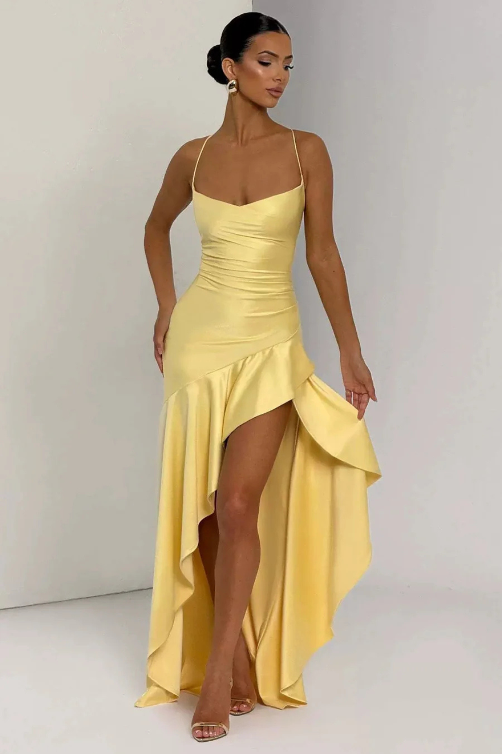 Chic and elegant cowl neck slip maxi dress, perfect as a wedding guest outfit.