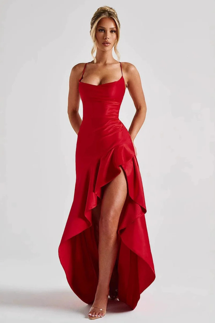 Formal women's maxi dress, sleeveless with an elegant cowl neck.