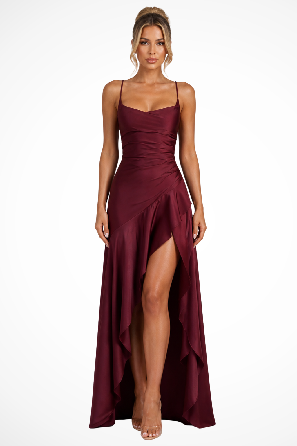 Flowy maxi wedding guest dress, a sleeveless cowl neck slip style.