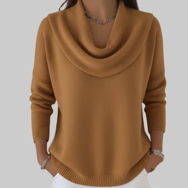 Stylish women's cowl neck sweater, a versatile and comfortable knit top for effortless chic and cozy winter fashion.