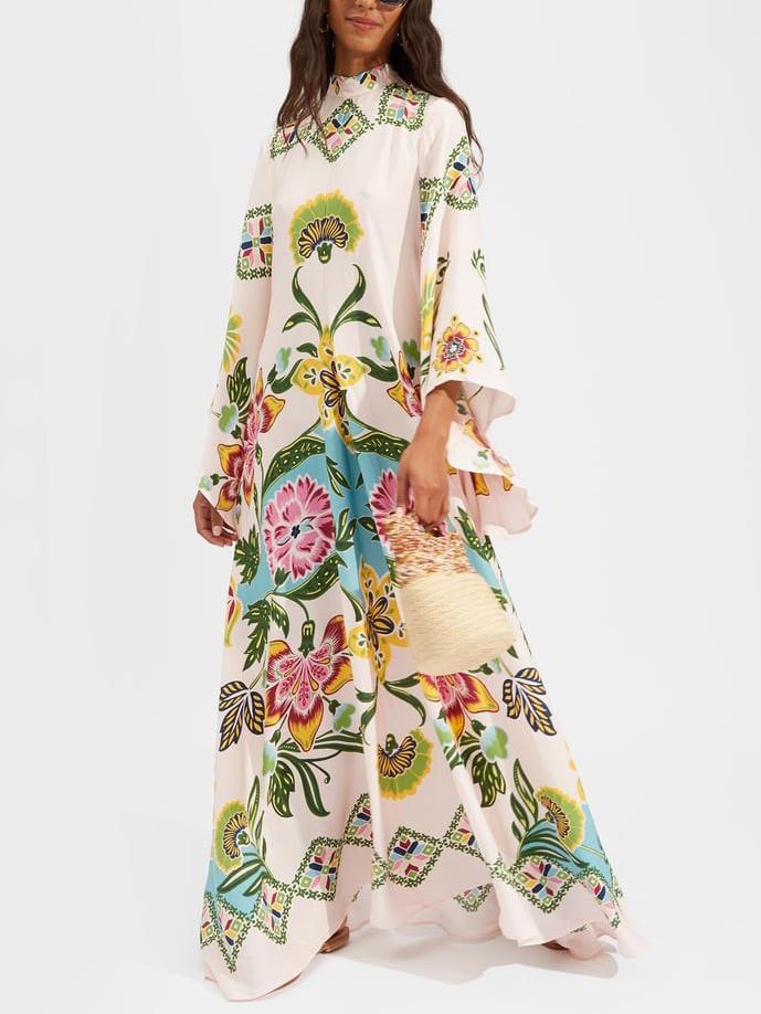 Elegant women's cream floral long sleeve maxi dress for special occasions & spring fashion.