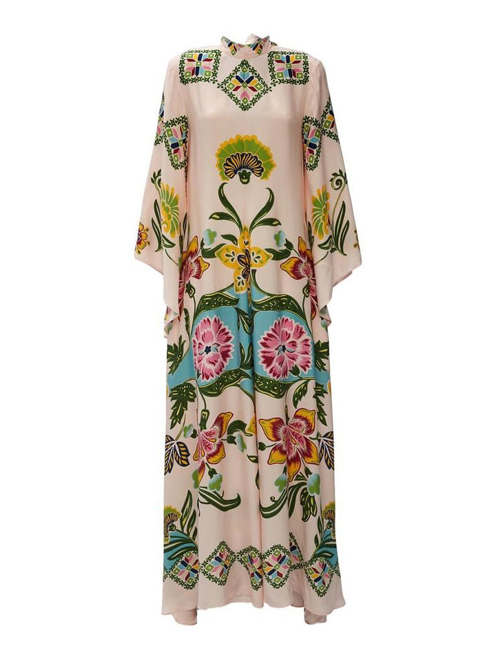 Cream floral long sleeve maxi dress for women, an elegant and comfortable choice for spring/summer fashion.