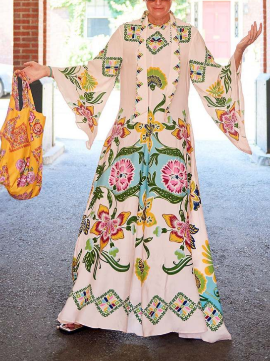 Stylish women's cream floral long sleeve maxi dress, a chic and comfortable option for spring & summer fashion.