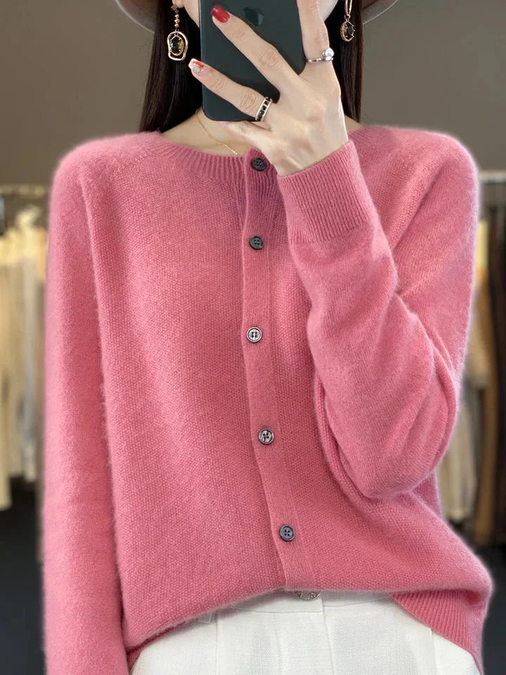 Comfortable women's crew-neck cardigan. Soft button-front sweater, an elegant choice for casual outwear.