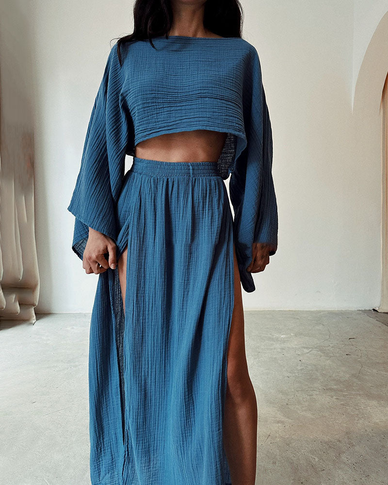Versatile women's crop top & side-split maxi skirt co-ord set, ideal for elegant spring & summer outfits.