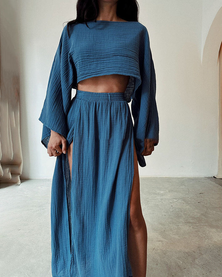 Versatile women's crop top & side-split maxi skirt co-ord set, ideal for elegant spring & summer outfits.