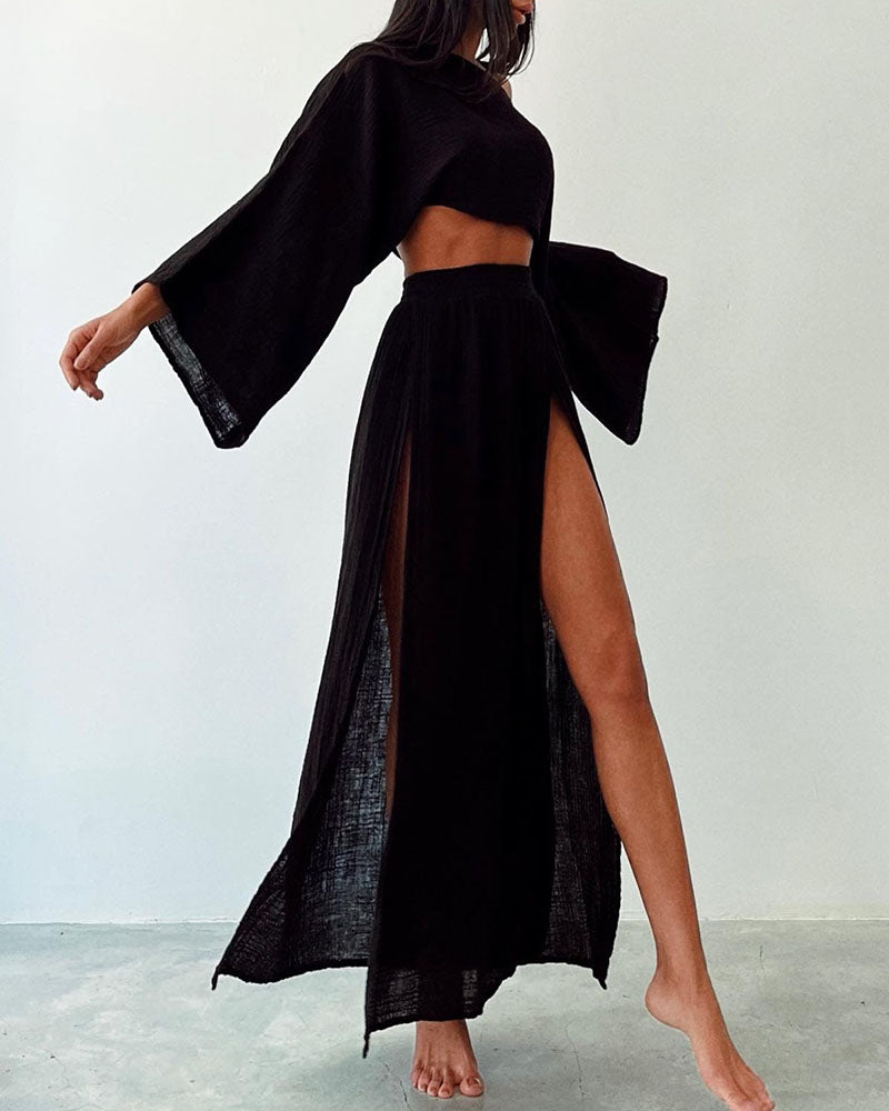 Modern women's elegant crop top & side split maxi skirt set, perfect for a chic summer or spring look.