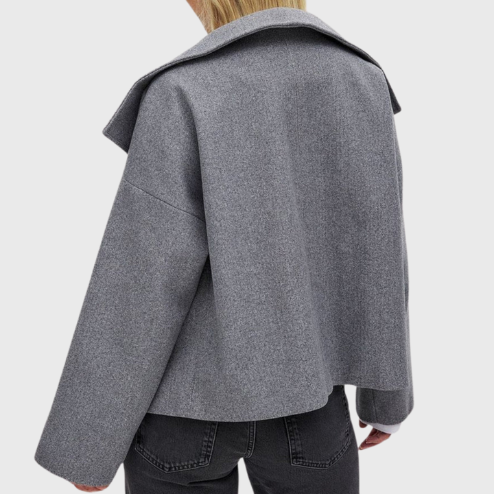 Premium women's cropped double-breasted coat. Fashionable fall jacket, perfect for elegant winter outerwear.