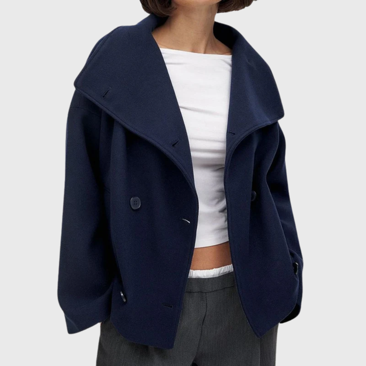 Trendy women's cropped double-breasted fall jacket. Elegant and structured, perfect for winter outerwear.