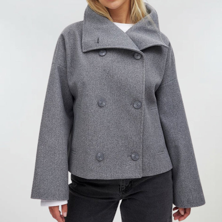 Voguish women's cropped double-breasted coat. Structured fall jacket for an elegant, chic winter look.