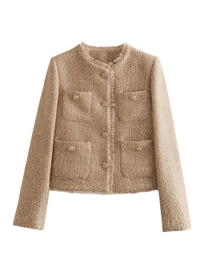 New women's elegant cropped tweed jacket for a timeless & chic style. Essential outerwear for autumn fashion.