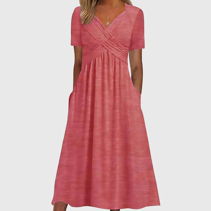 Casual yet elegant women's A-line midi dress with cross-front neckline, tummy control, and short sleeves.