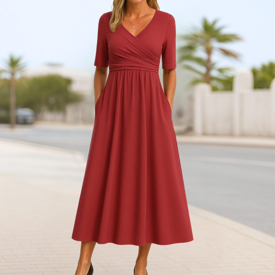 Flattering women's short sleeve midi dress, featuring an elegant crossed V-neck and solid color design.