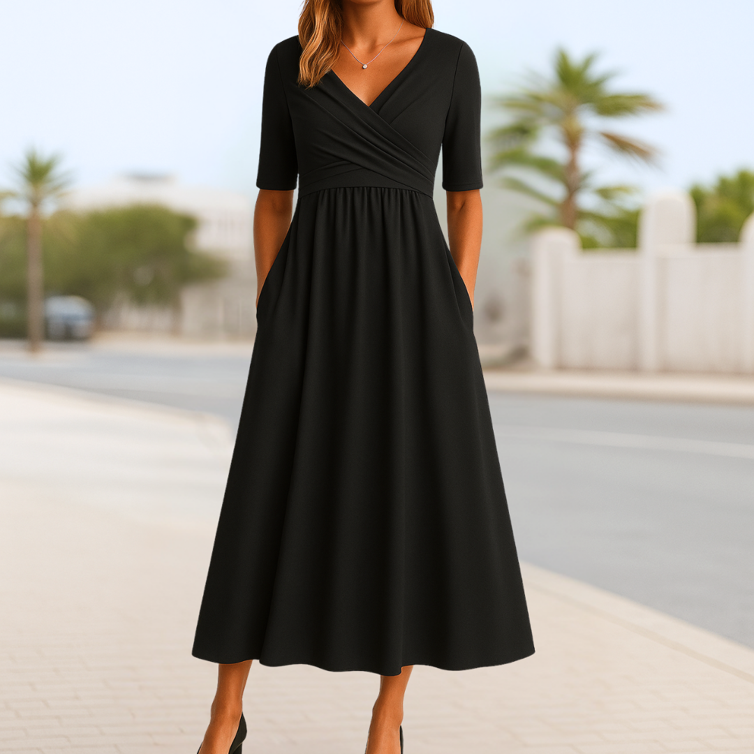 Versatile women's midi dress with an elegant crossed V-neck and short sleeves, suitable for casual or party wear.