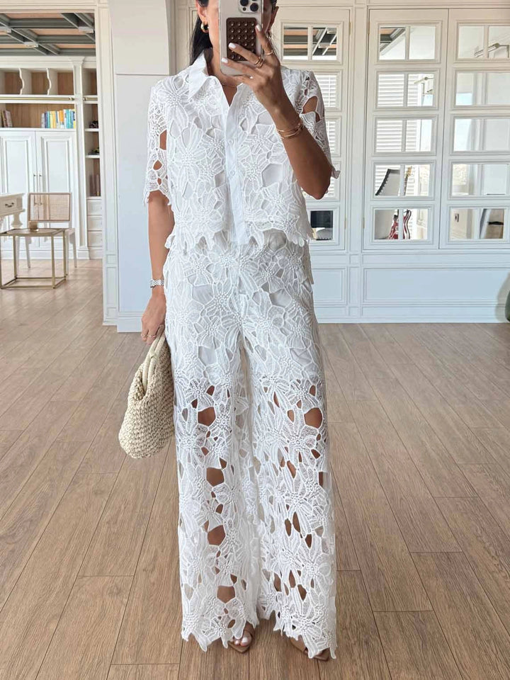 Elegant women's cutout lace shirt & wide-leg trousers set, perfect for special occasions & formal events.