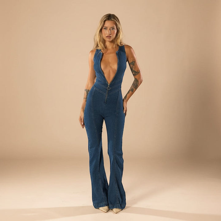 Elegant women's deep V neck flared leg jumpsuit with sculpted fit, ideal for evening parties & events.