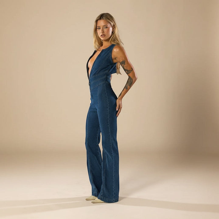 Modern women's fashion jumpsuit, deep V neck and flared leg design, a stylish & comfortable statement.