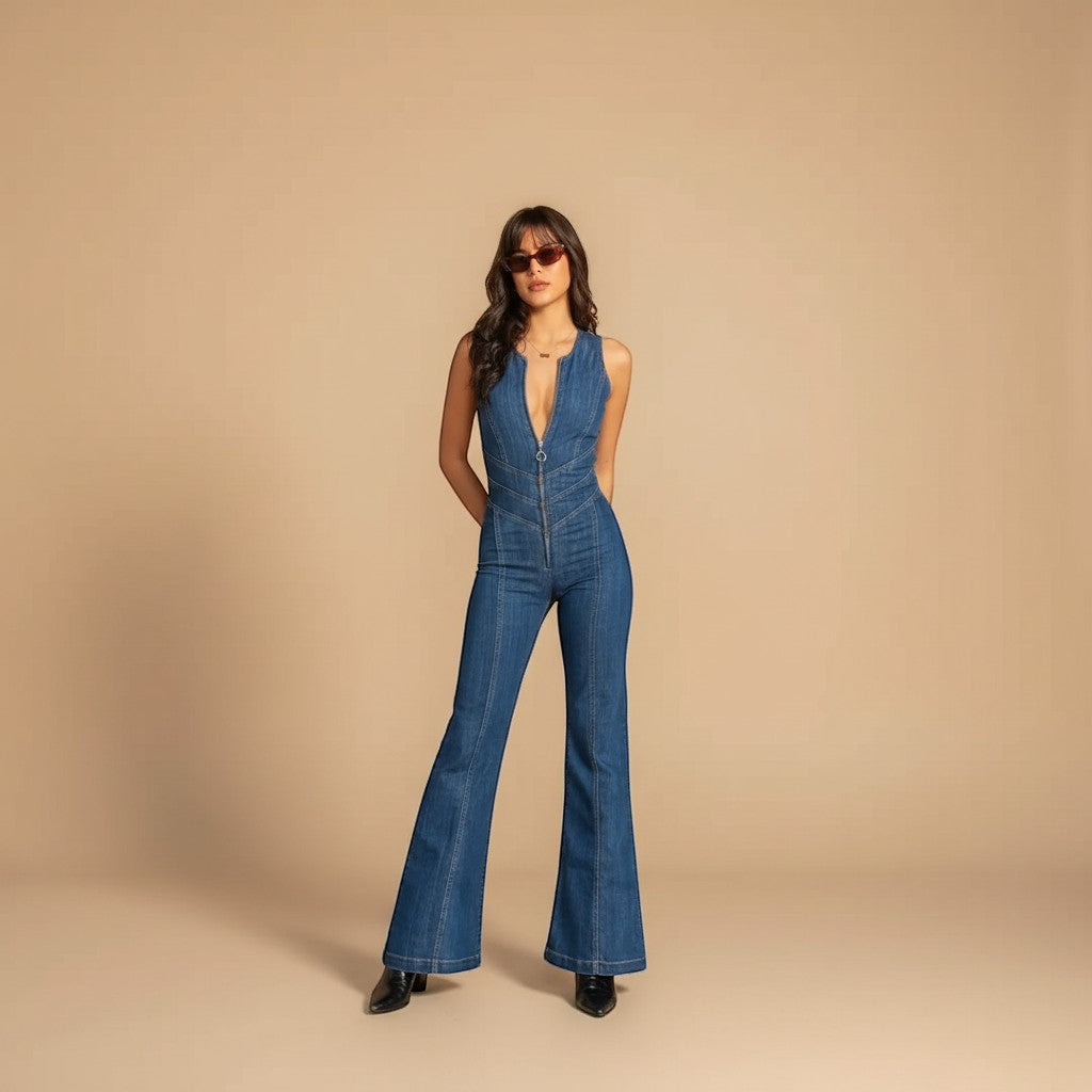 Elegant women's statement jumpsuit with deep V neck, flared legs, and sculpted, flattering fit.