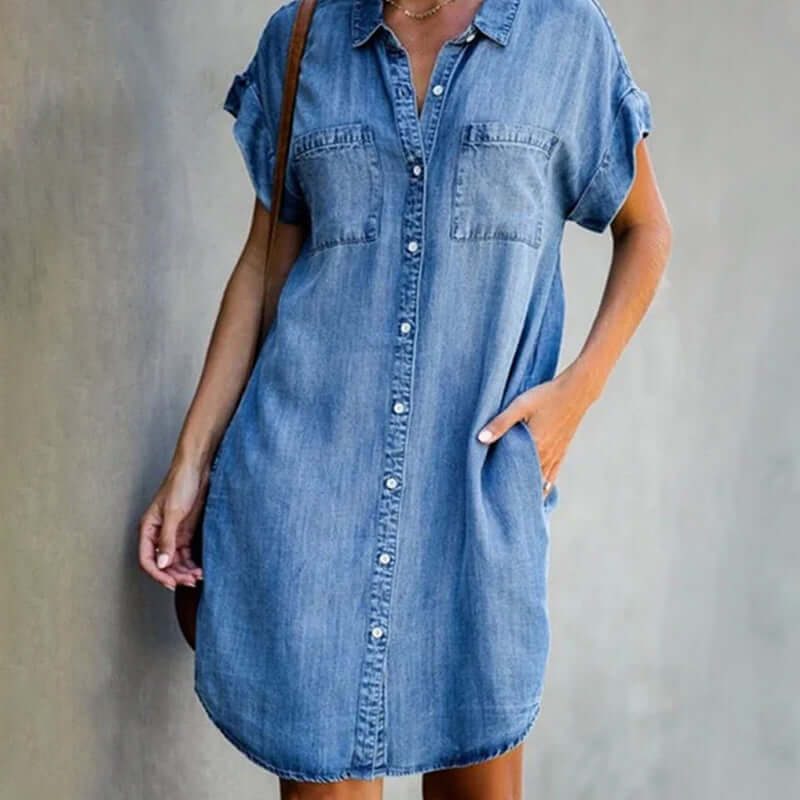 Elegant women's denim-style mini dress with tummy control. Versatile & stylish for casual everyday wear. Light blue.